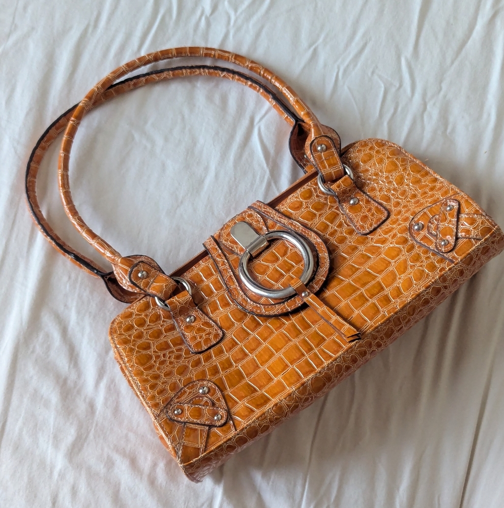Vintage Orange Vegan Croc Leather Shoulder Bag